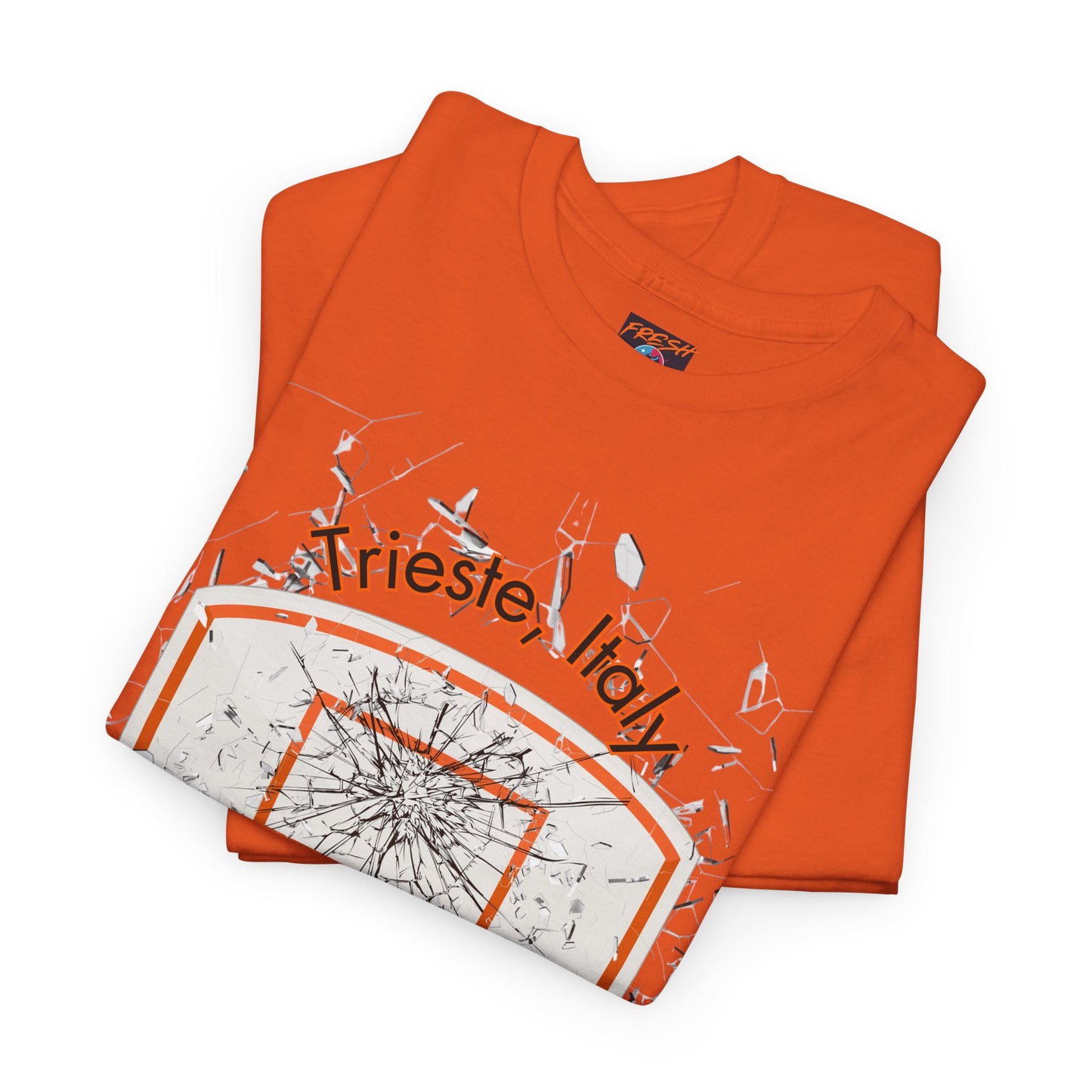 "Shattered glass backboard t-shirt in orange and black design"
