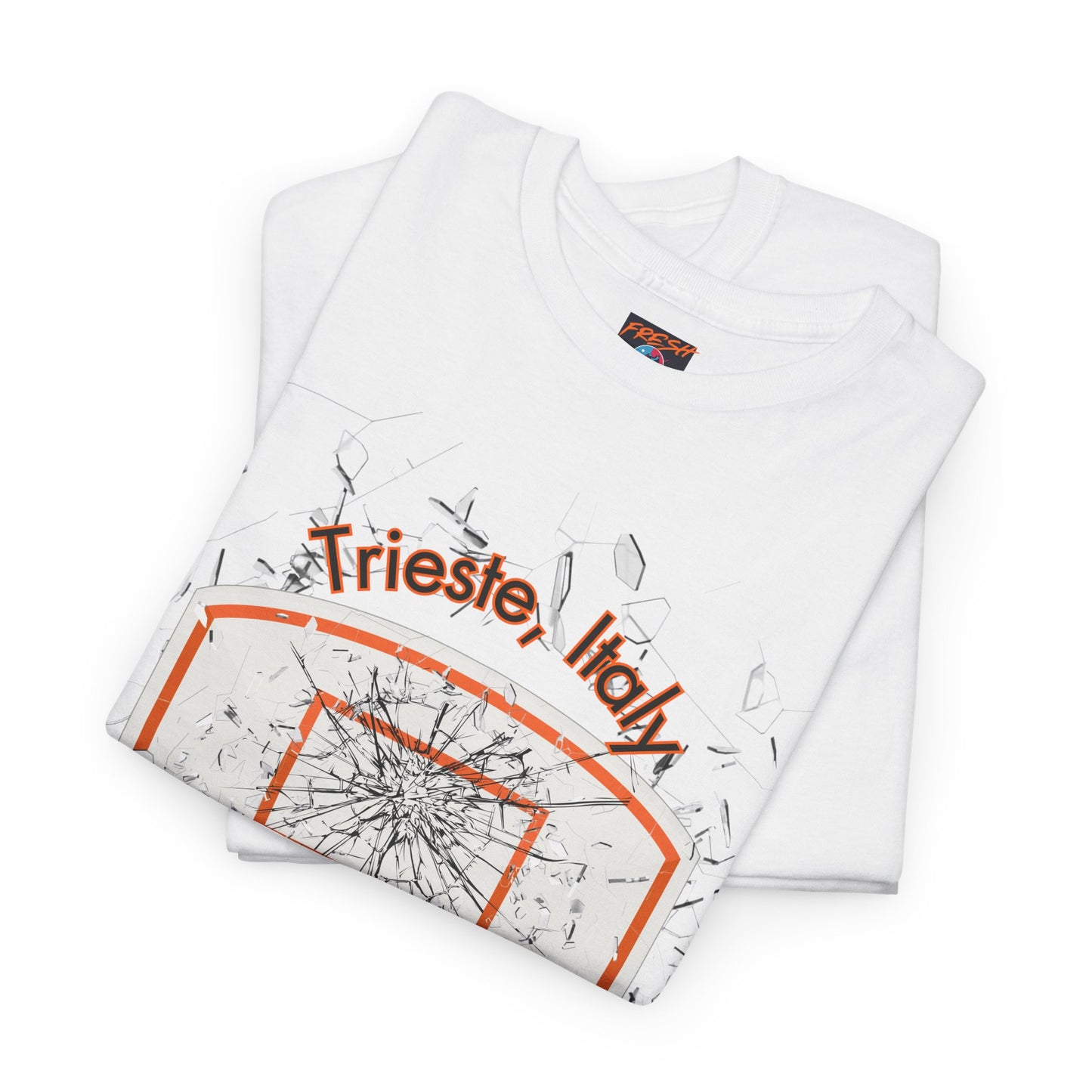 "Shattered glass backboard t-shirt in orange and black design"
