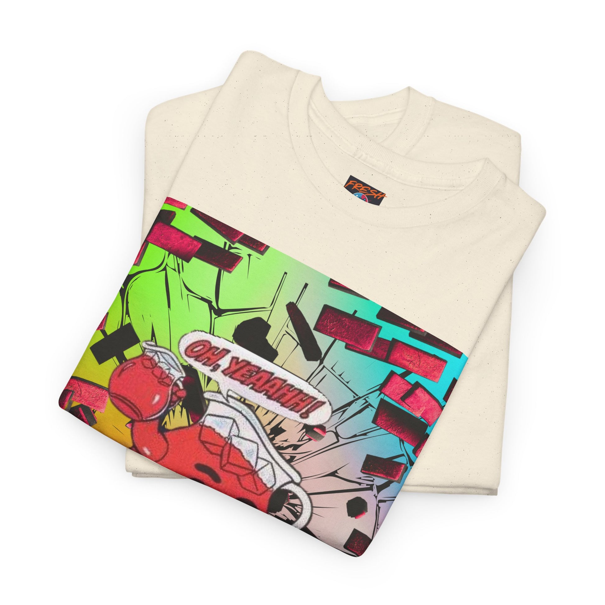 Close-up of vibrant graphics on tee