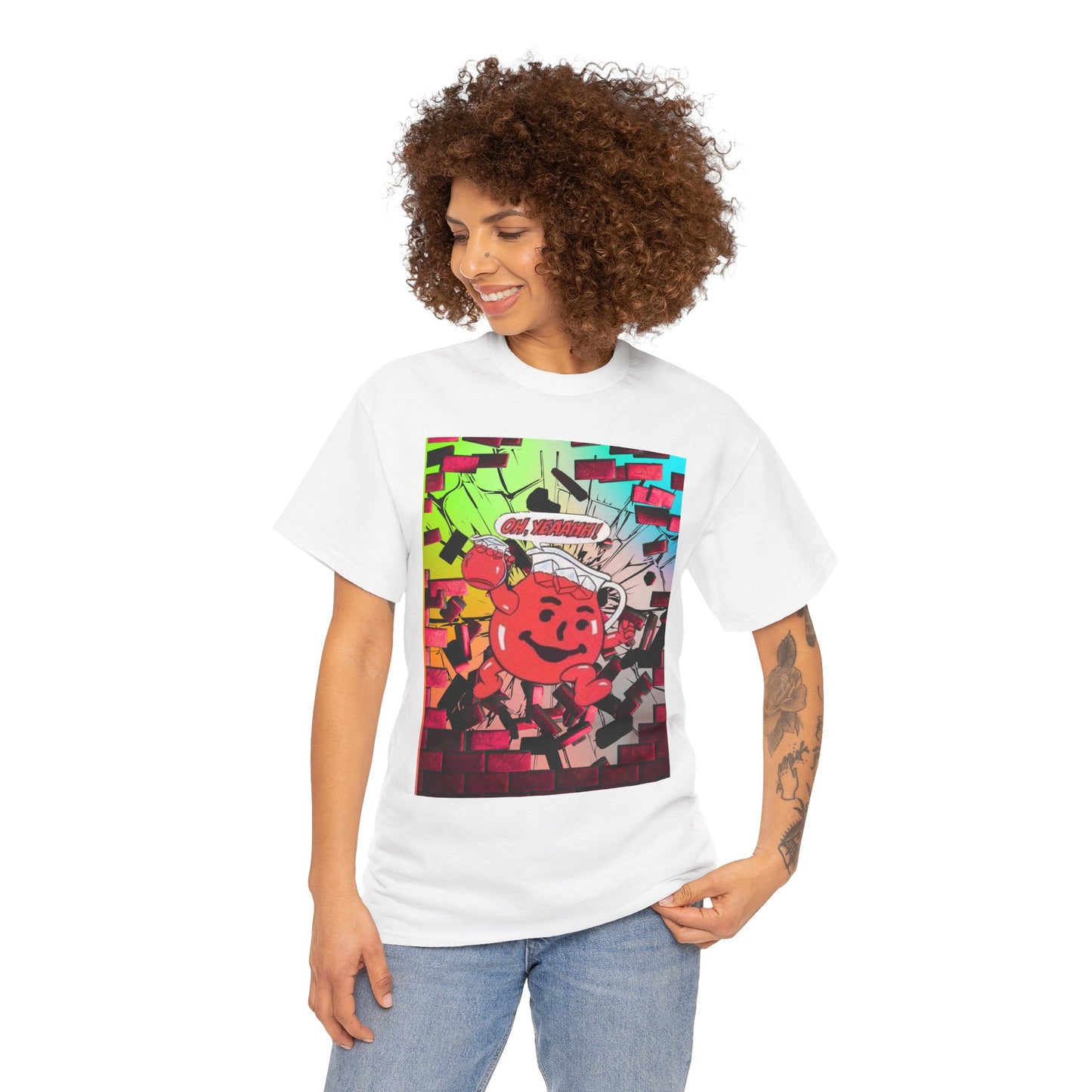 Close-up of vibrant graphics on tee