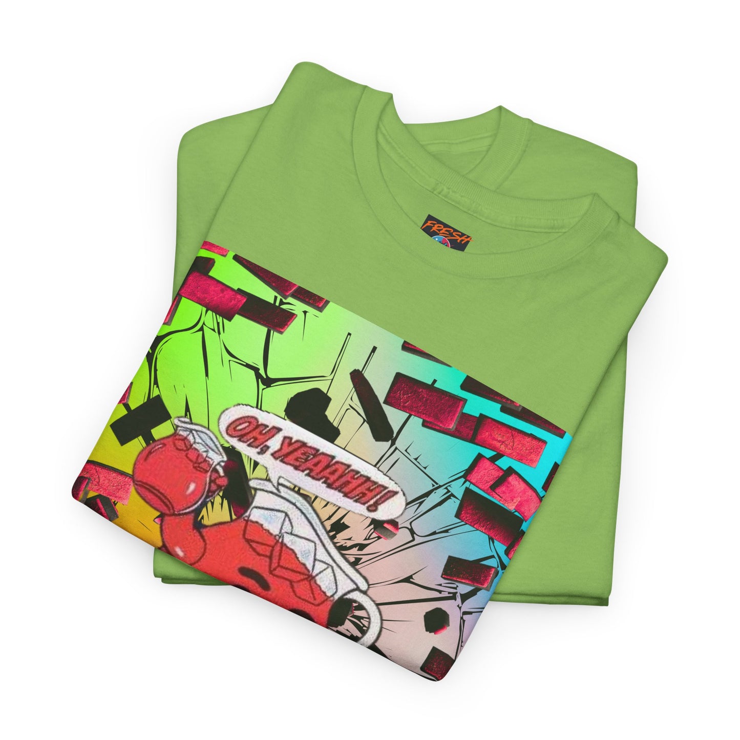Close-up of vibrant graphics on tee