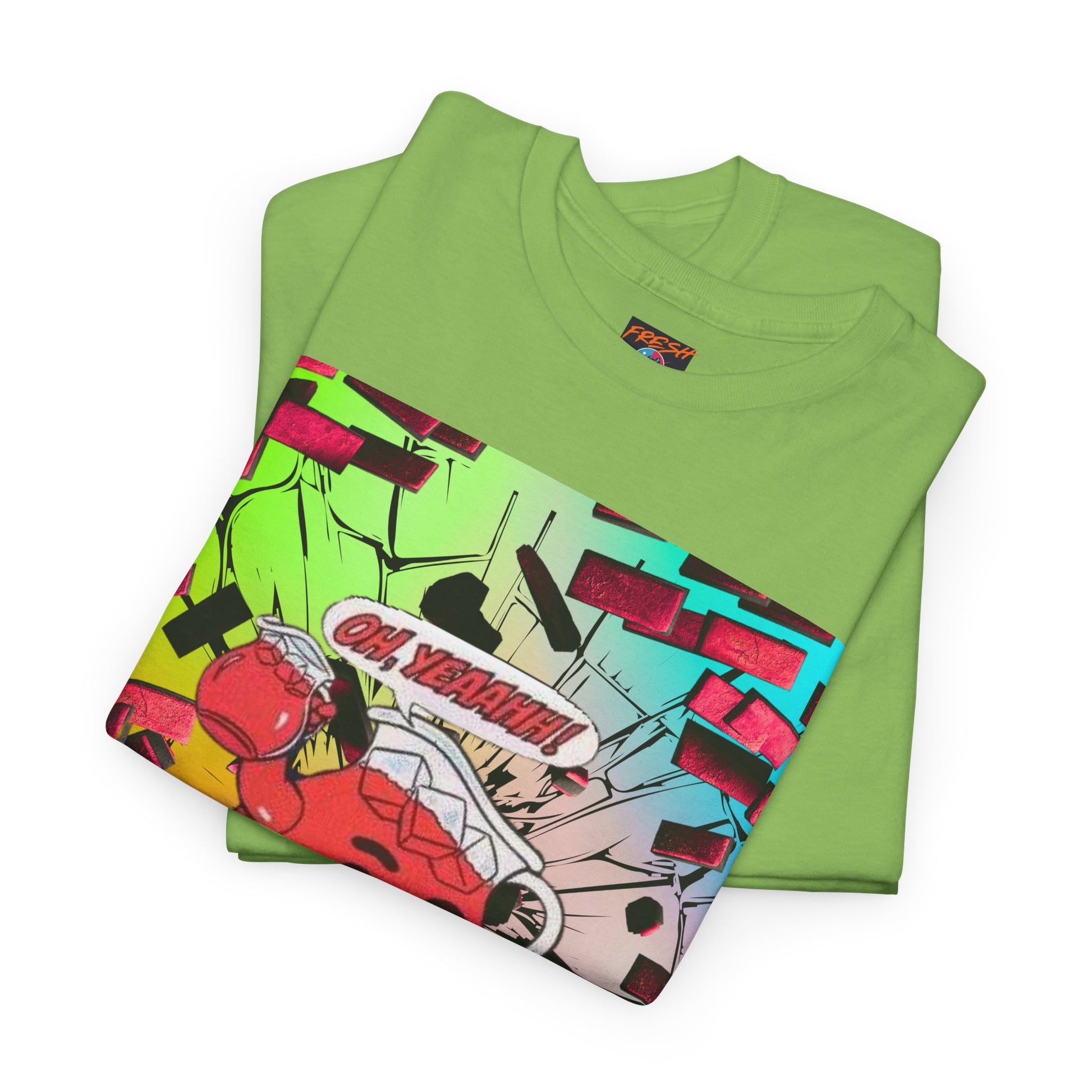 Close-up of vibrant graphics on tee