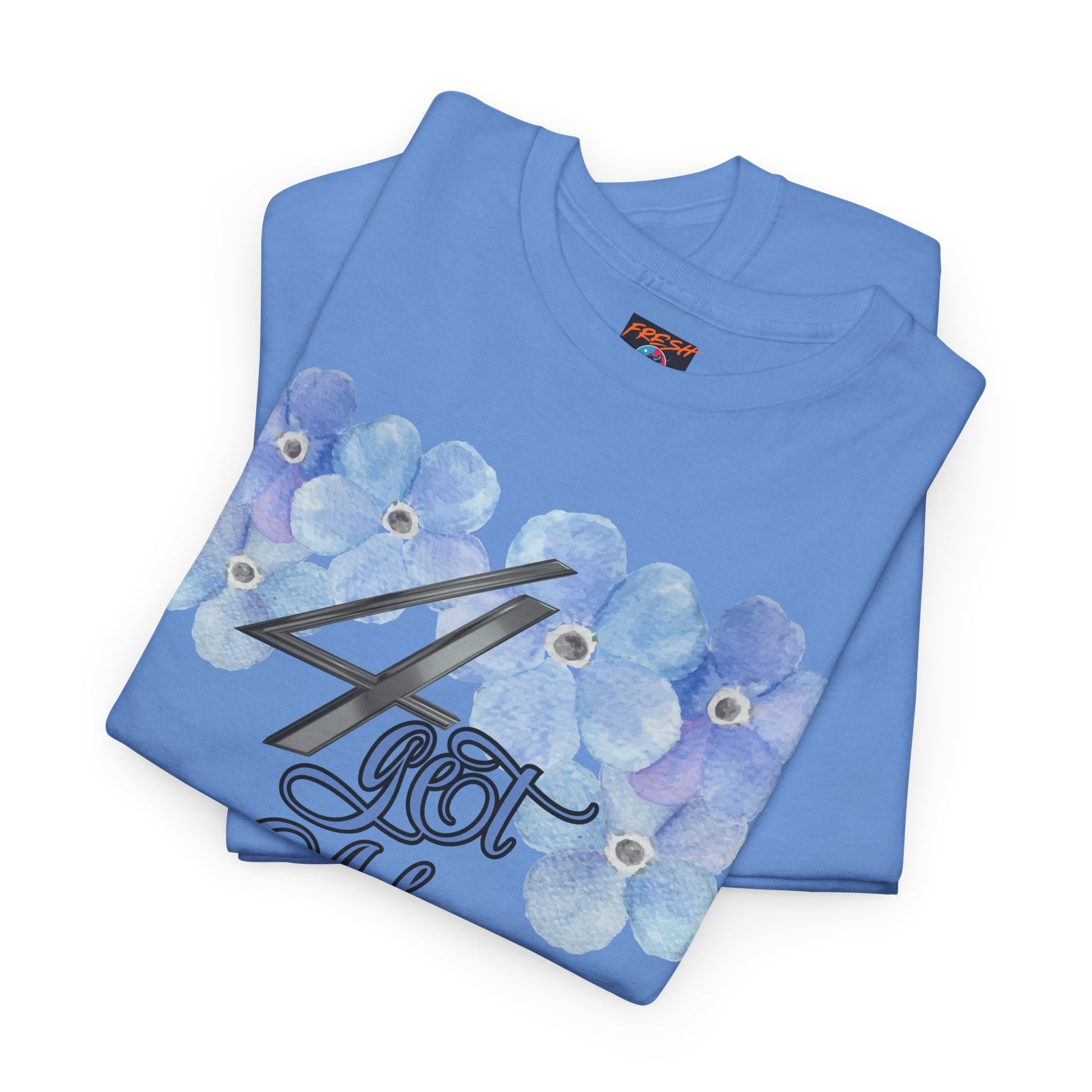 Folded 4get Me Not tee shirt in light blue colorway to match Jordan 4 sneakers