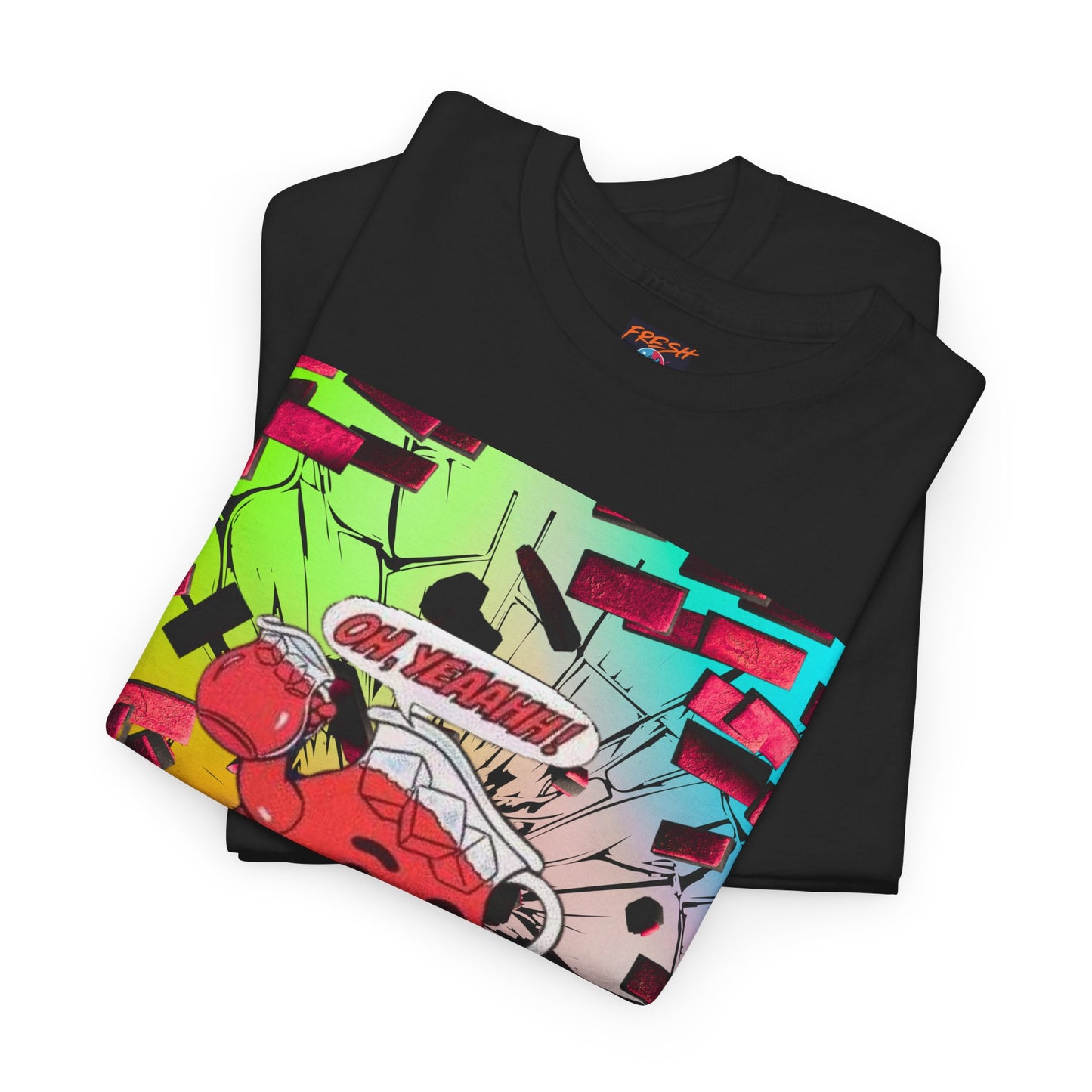 Close-up of vibrant graphics on tee
