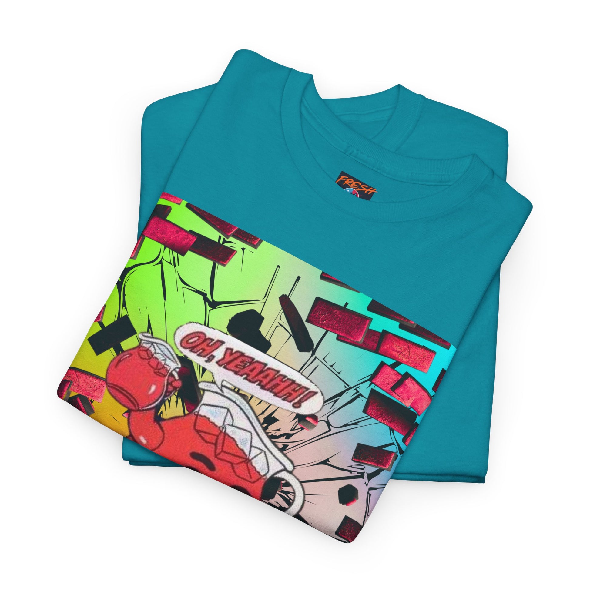 Close-up of vibrant graphics on tee