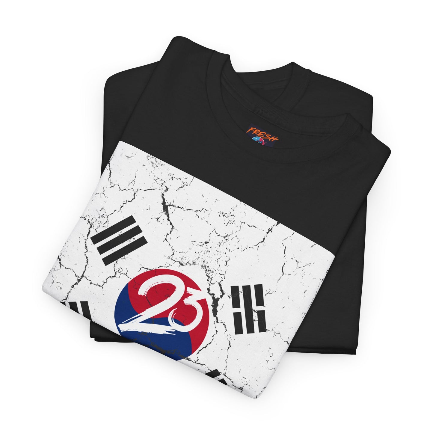 Close-up of Korean-inspired graphics on tee