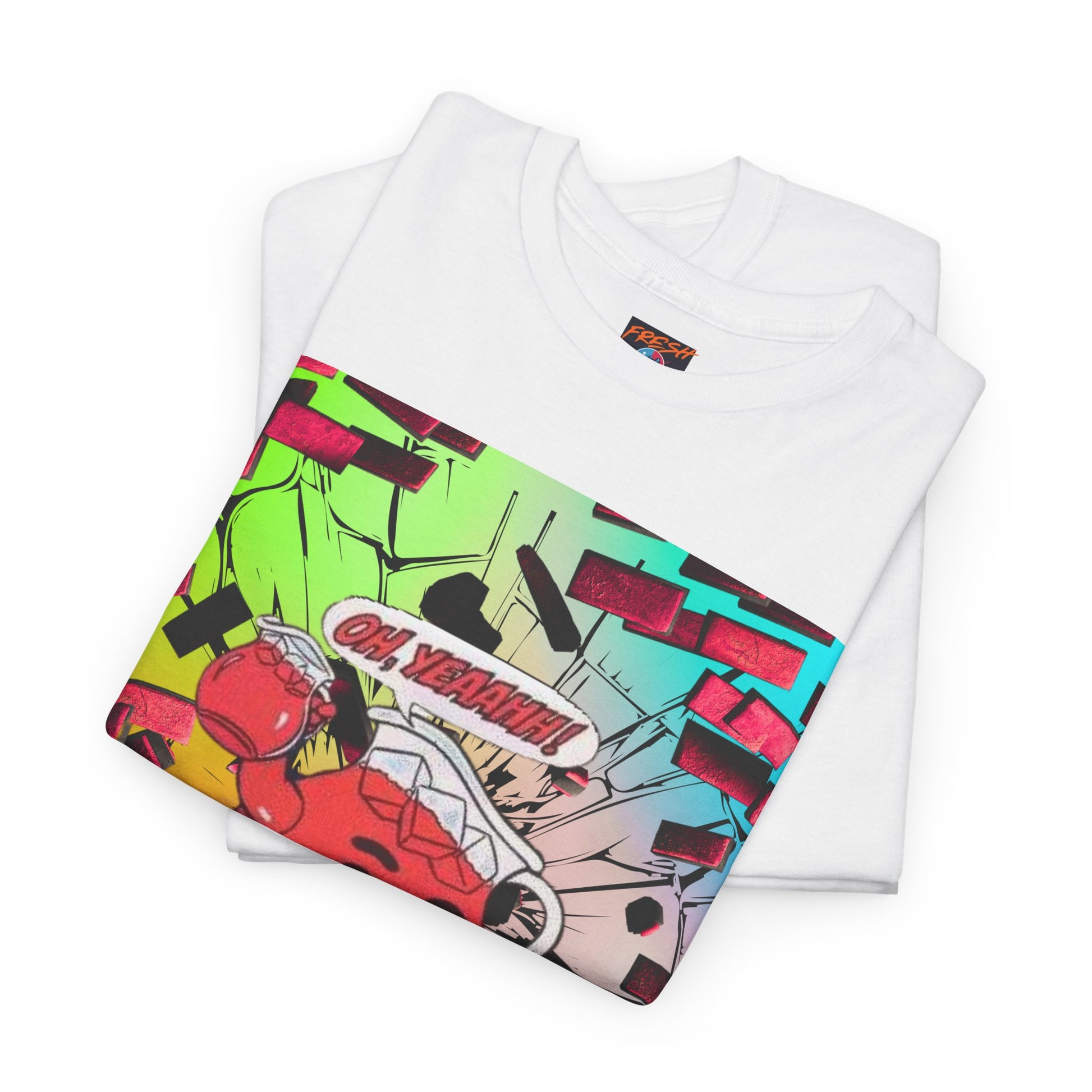 Close-up of vibrant graphics on tee