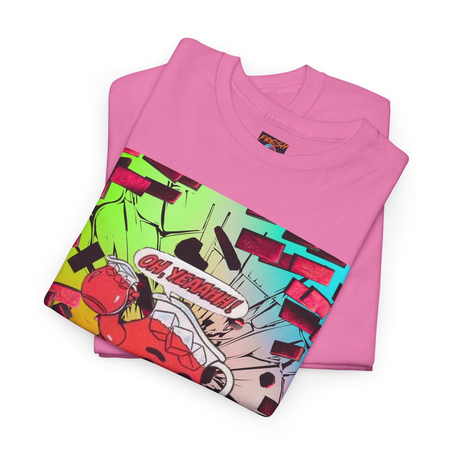 Close-up of vibrant graphics on tee
