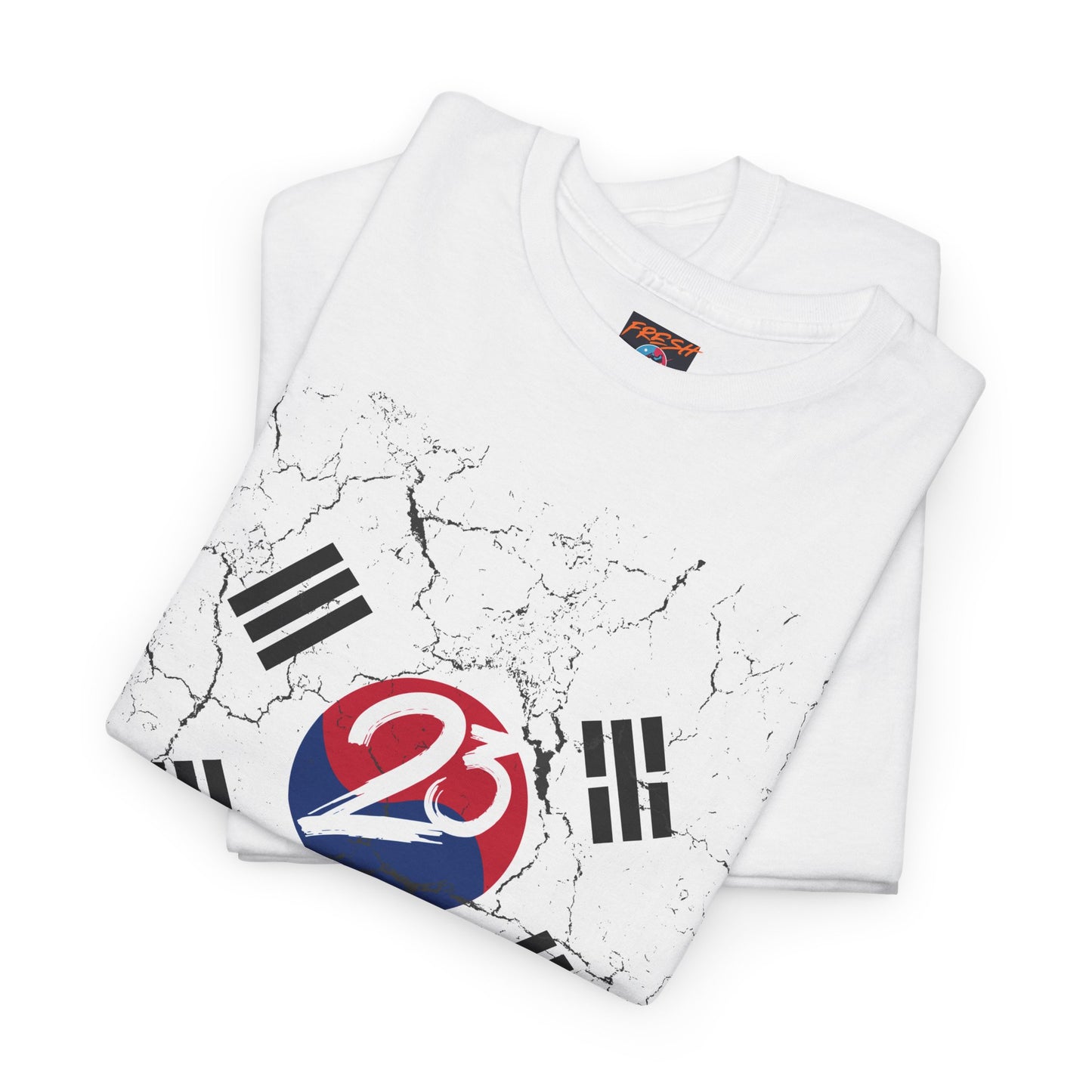 Close-up of Korean-inspired graphics on tee