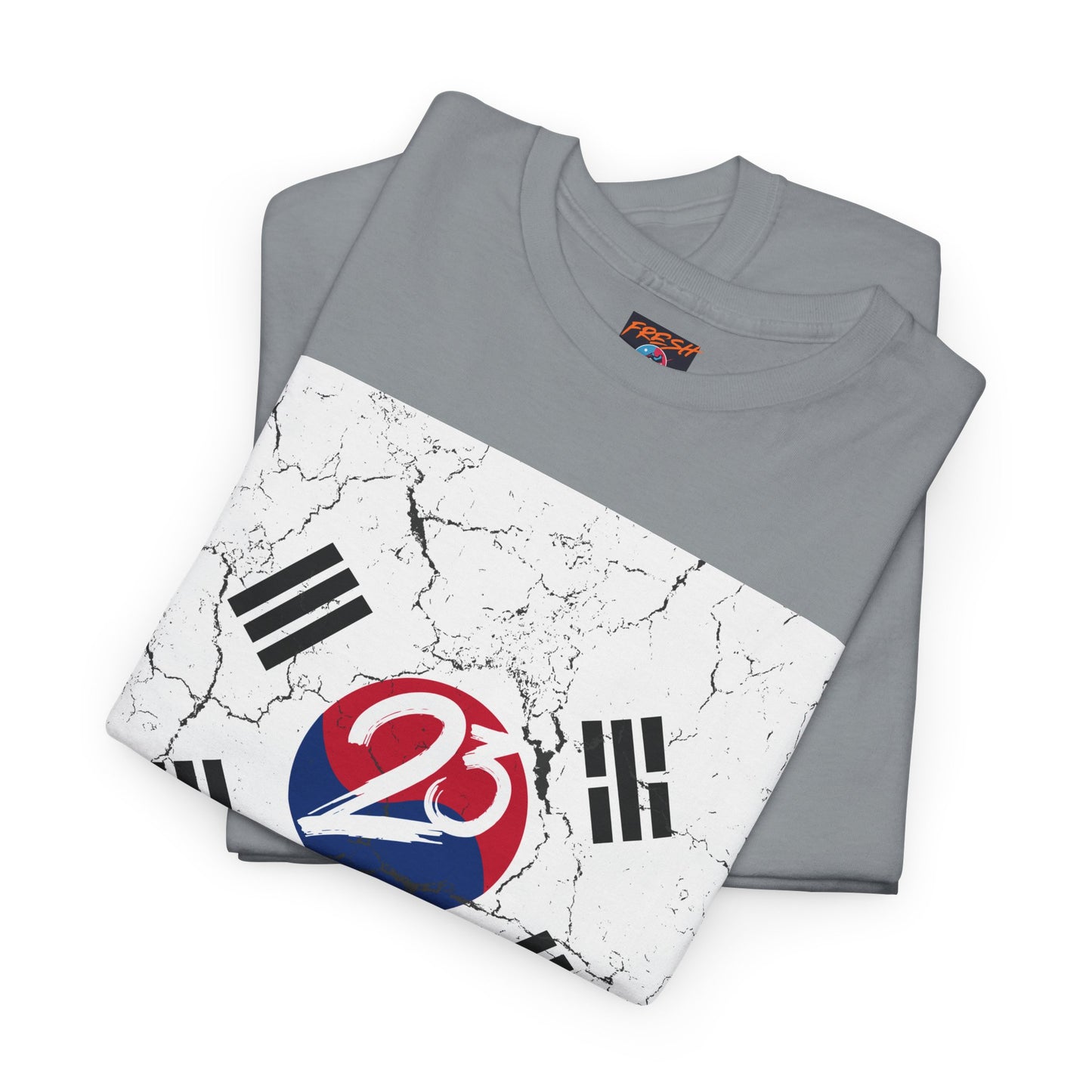 Close-up of Korean-inspired graphics on tee