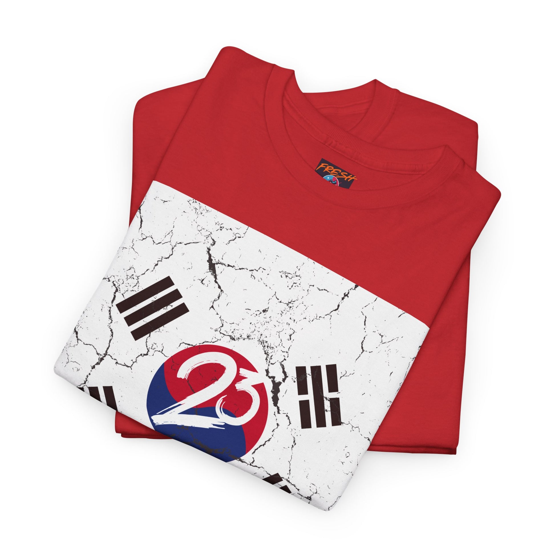 Close-up of Korean-inspired graphics on tee