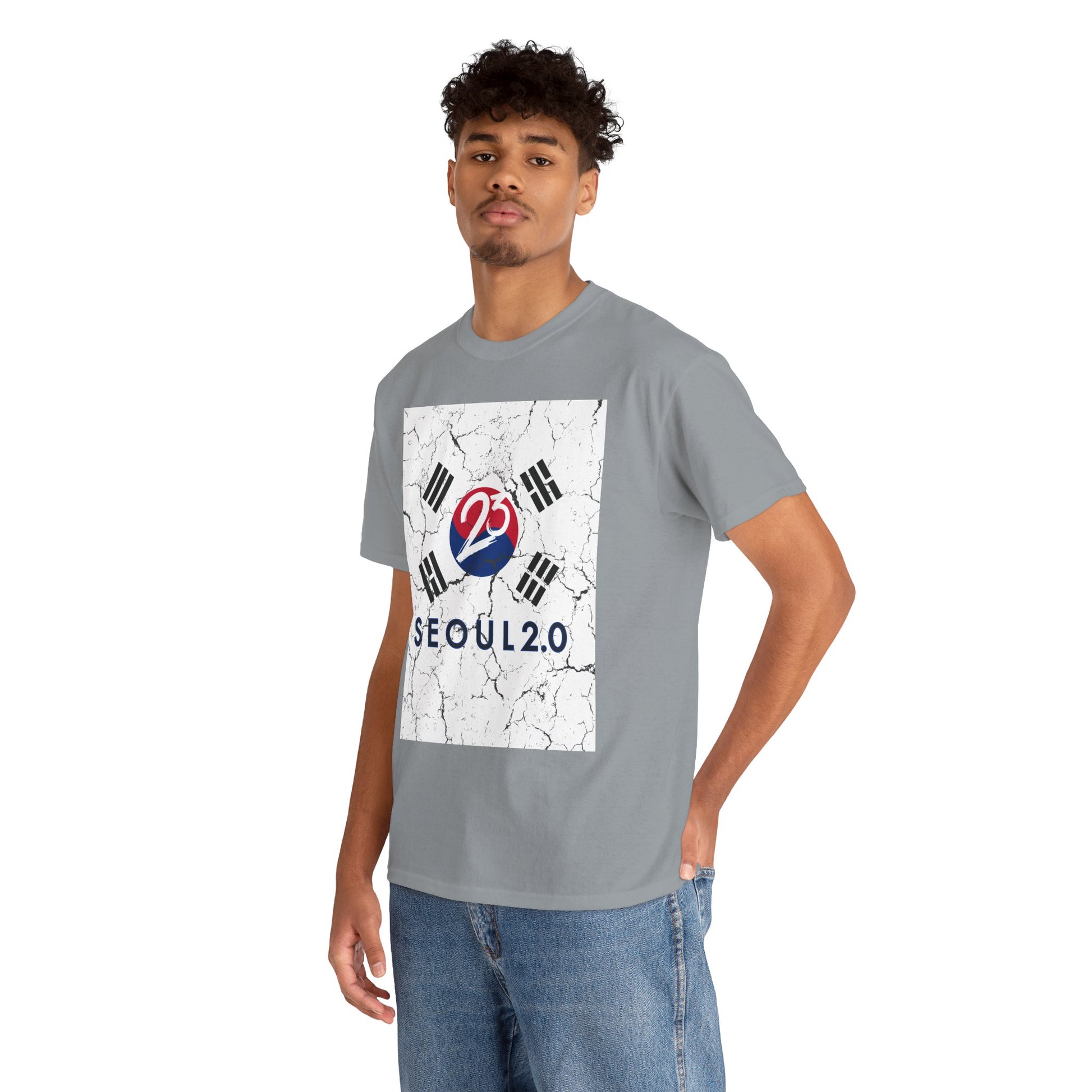 Model wearing Seoul 2.0 matching shirt with Air Jordan 3 sneakers