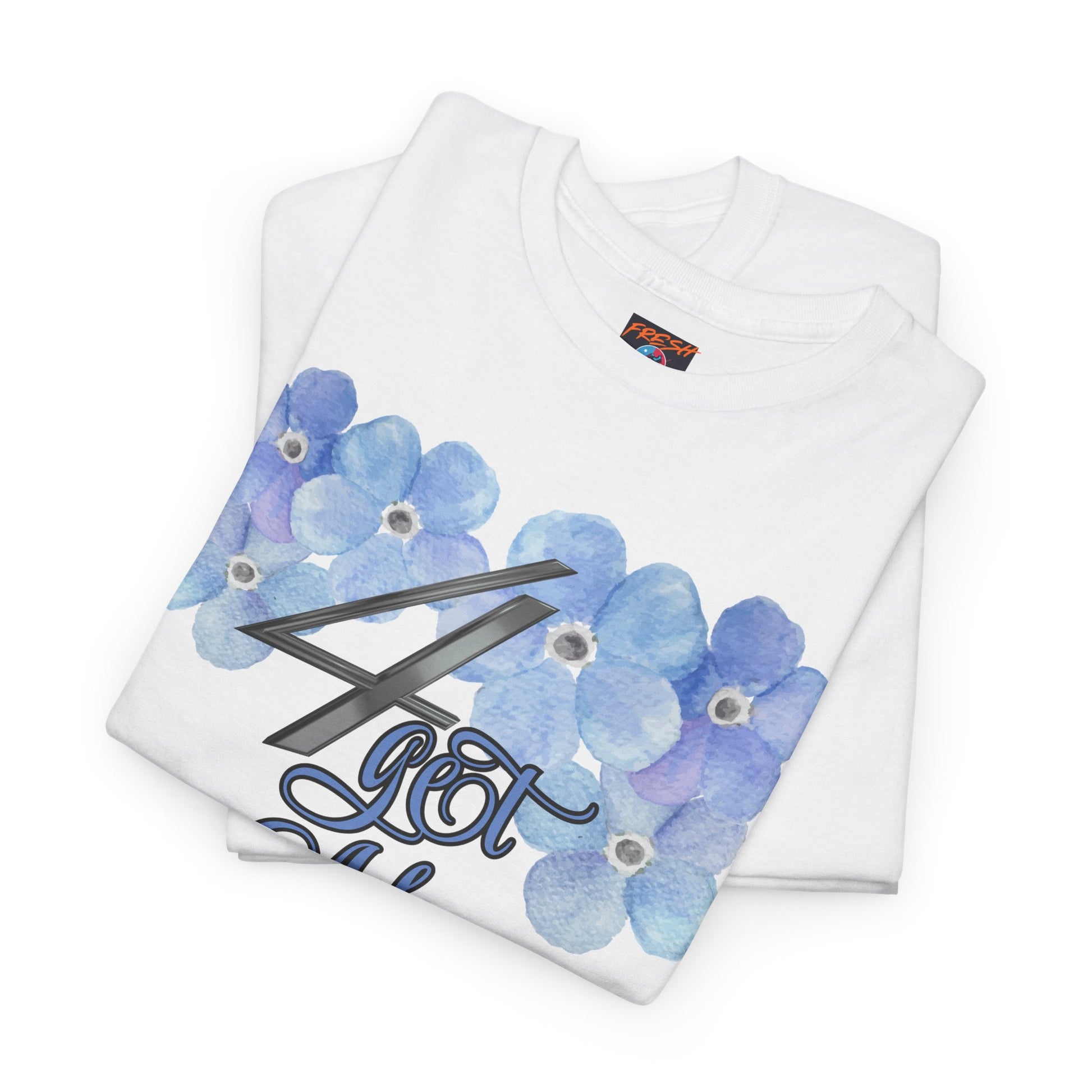 Folded 4get Me Not tee shirt in light blue colorway to match Jordan 4 sneakers