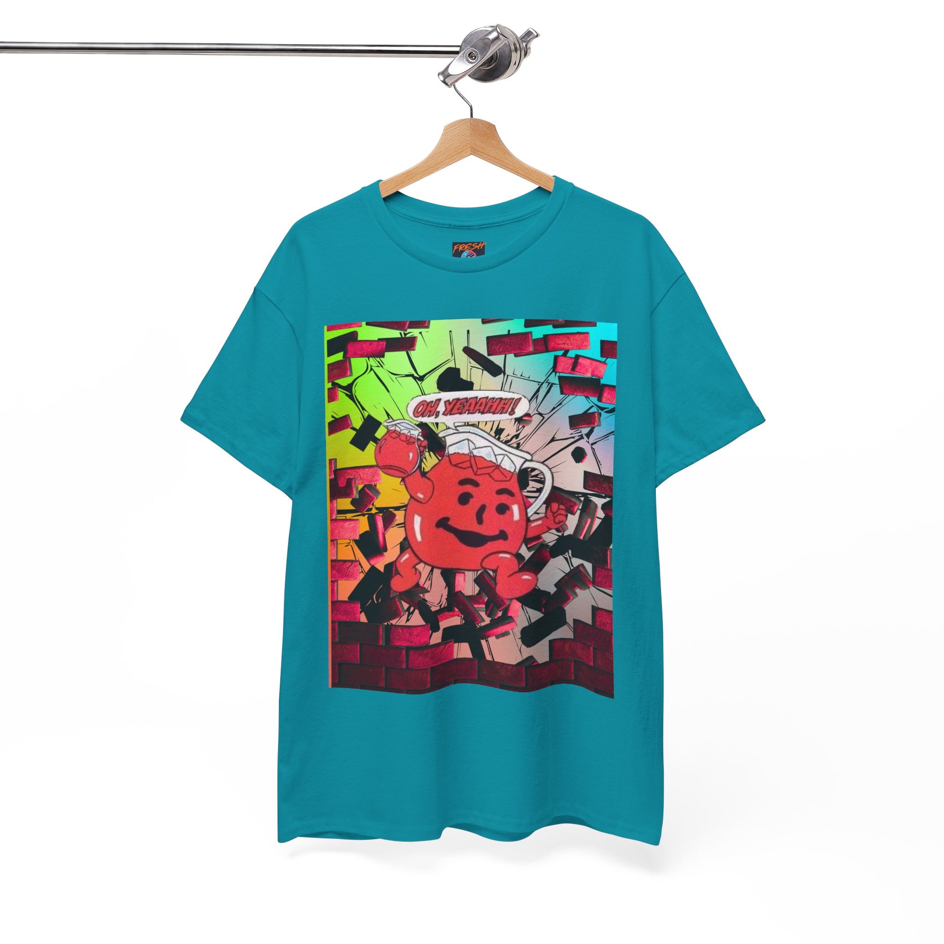 Close-up of vibrant graphics on tee