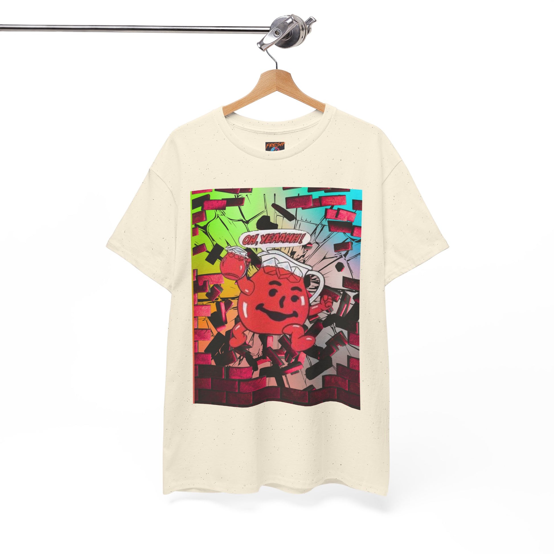 Close-up of vibrant graphics on tee