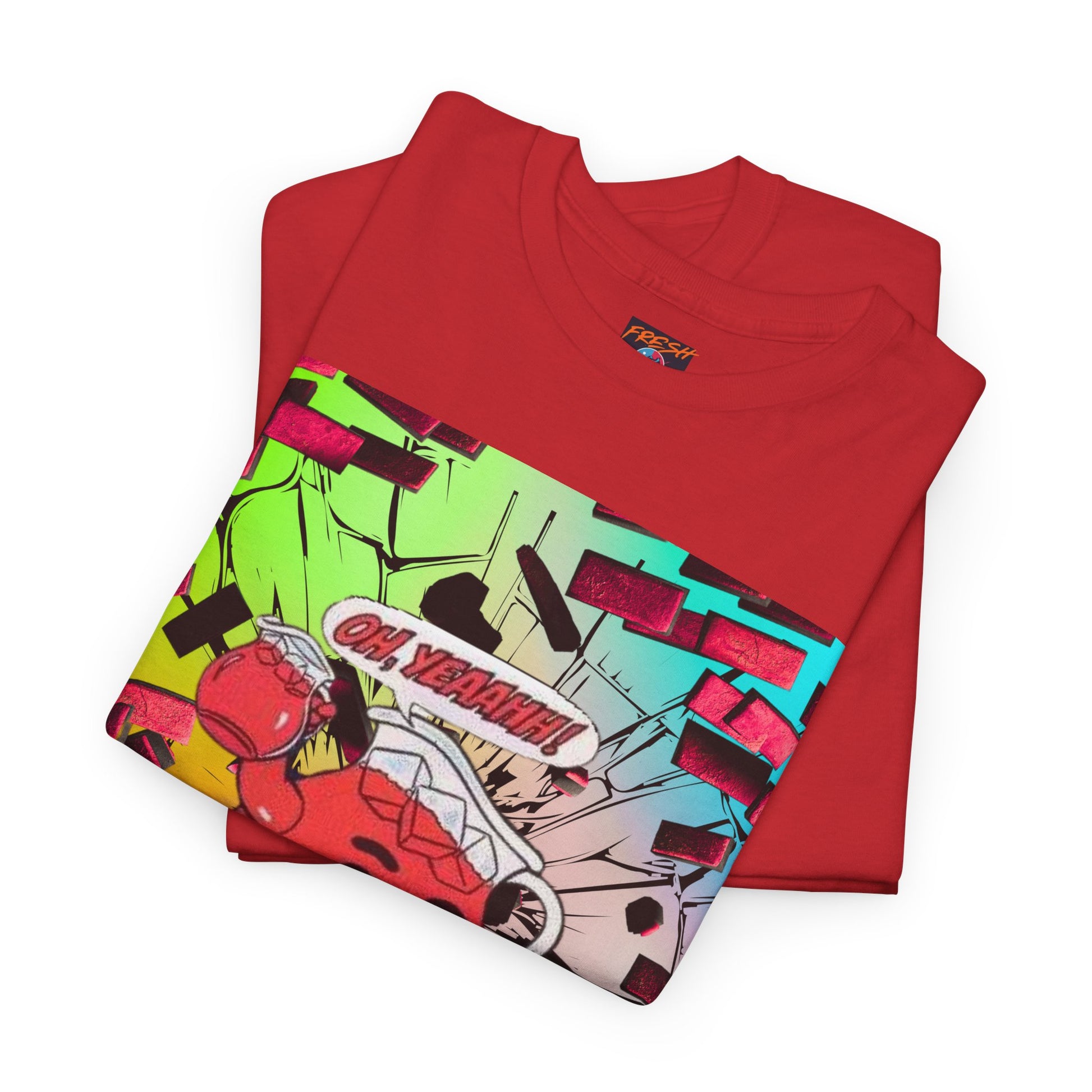 Close-up of vibrant graphics on tee