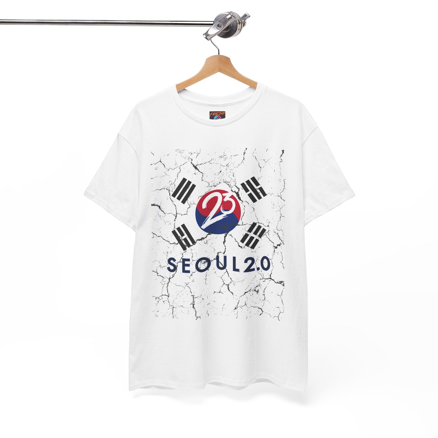 Close-up of Korean-inspired graphics on tee