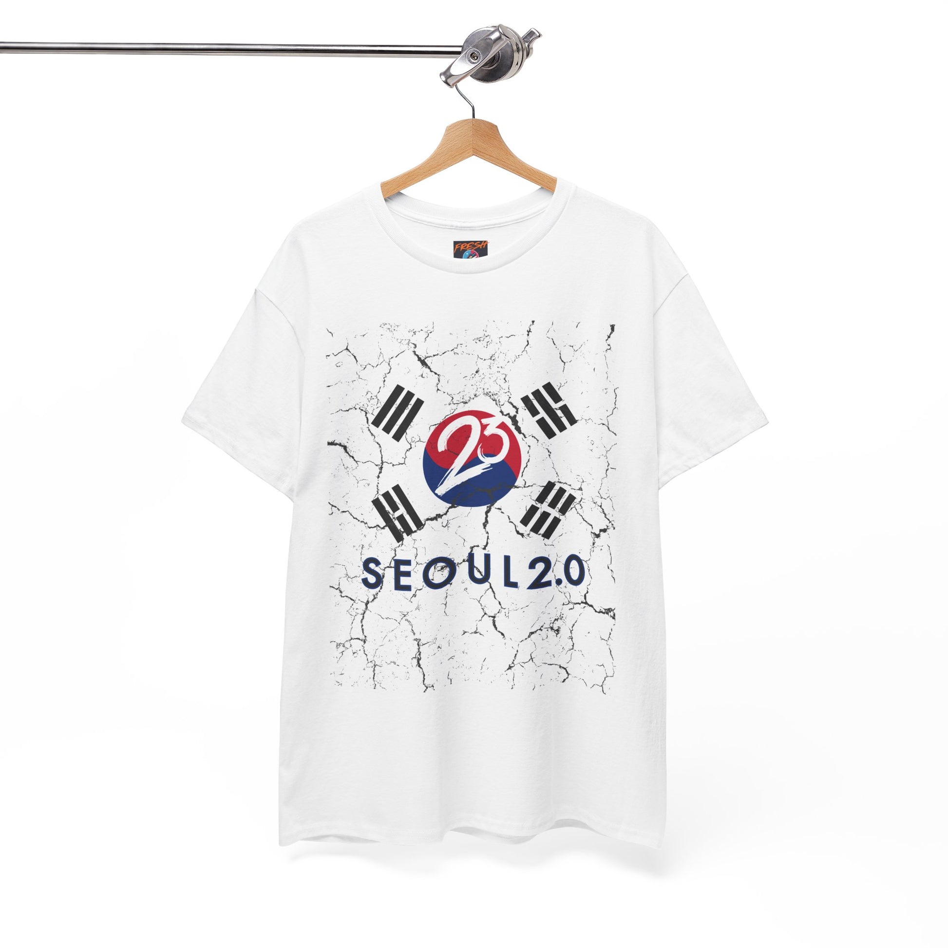 Close-up of Korean-inspired graphics on tee