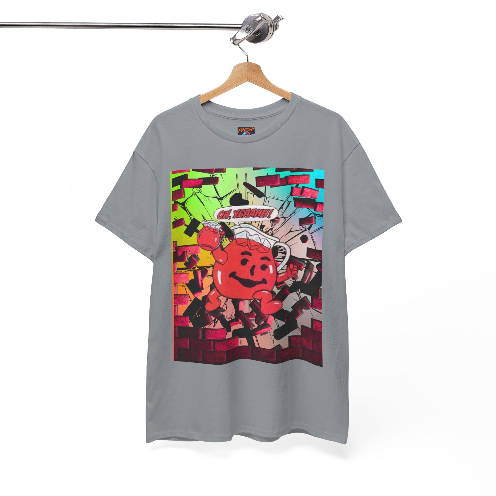 Close-up of vibrant graphics on tee