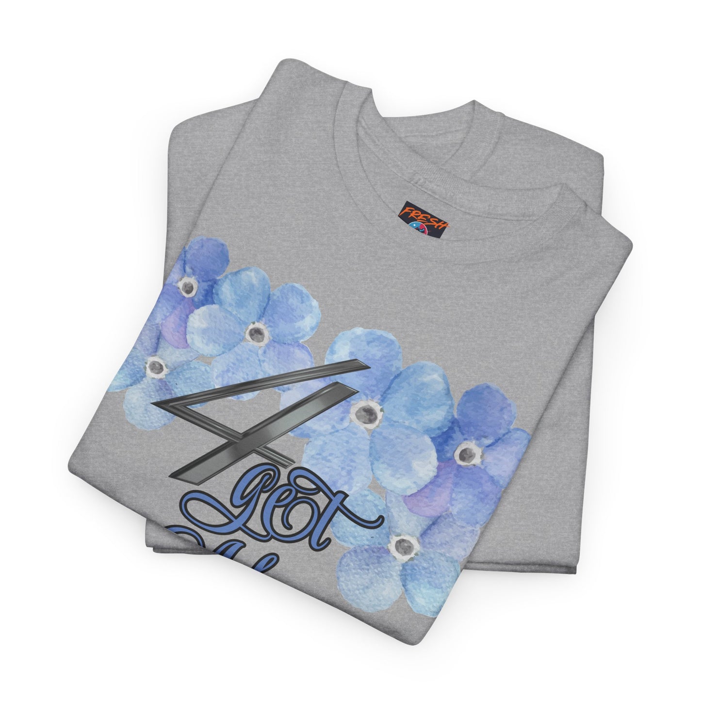 Folded 4get Me Not tee shirt in light blue colorway to match Jordan 4 sneakers