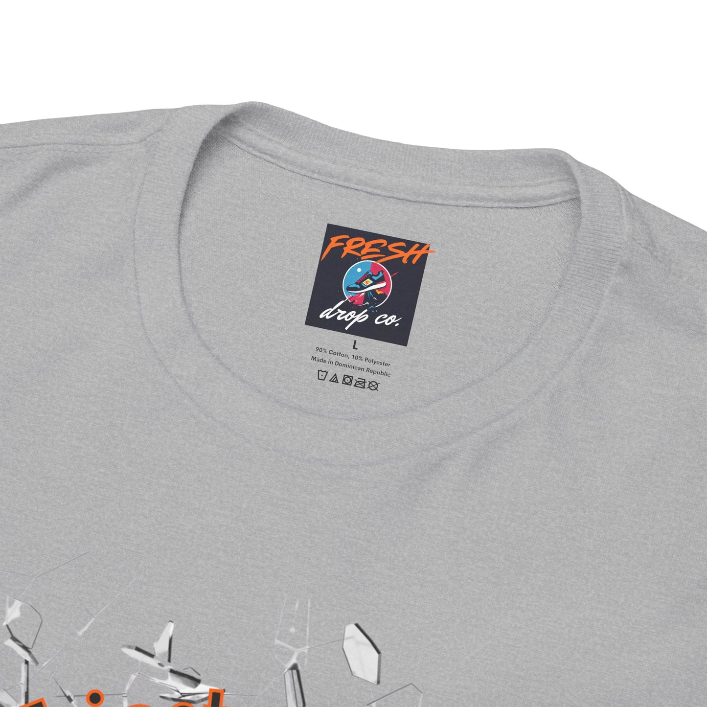 "Shattered glass backboard t-shirt in orange and black design"