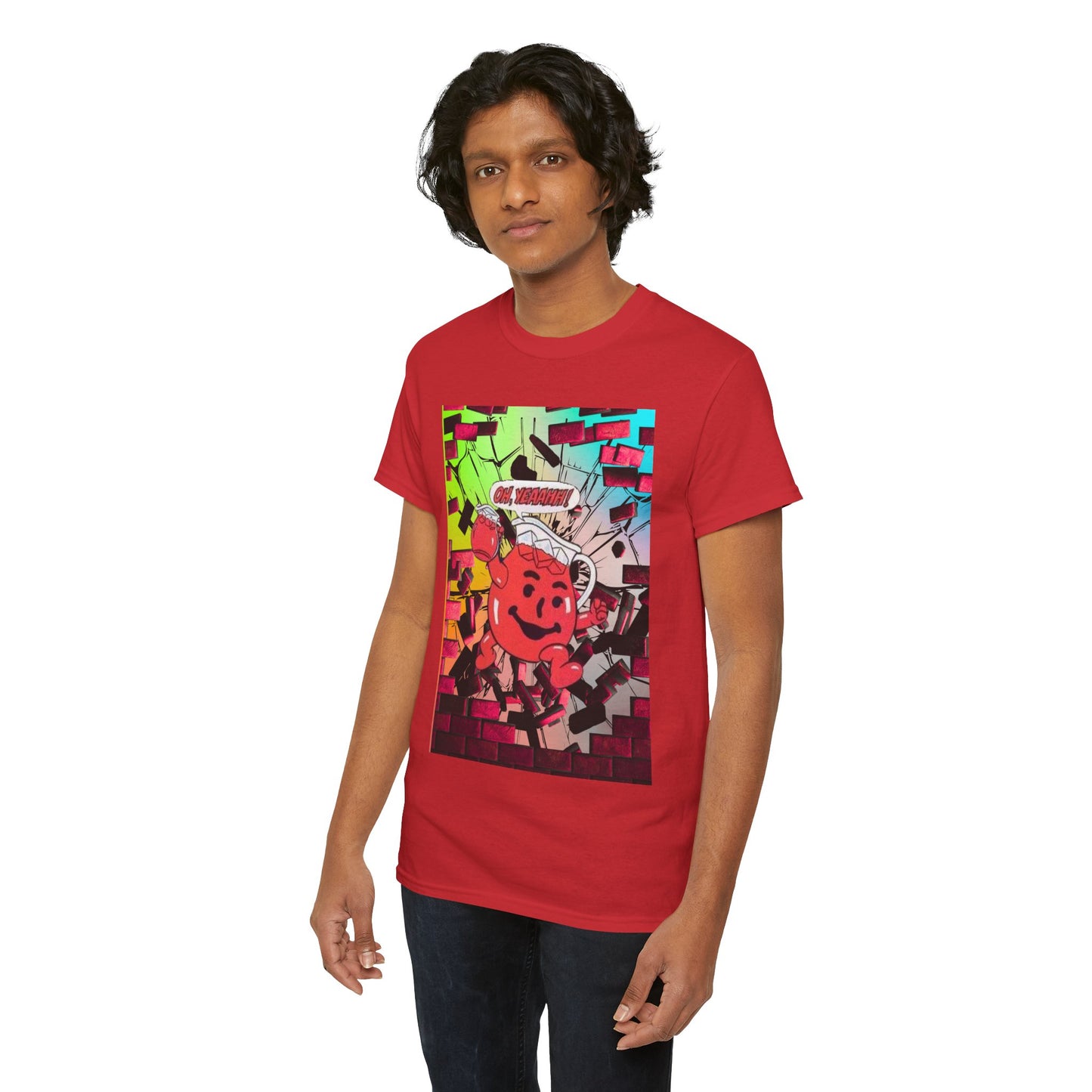 Close-up of vibrant graphics on tee