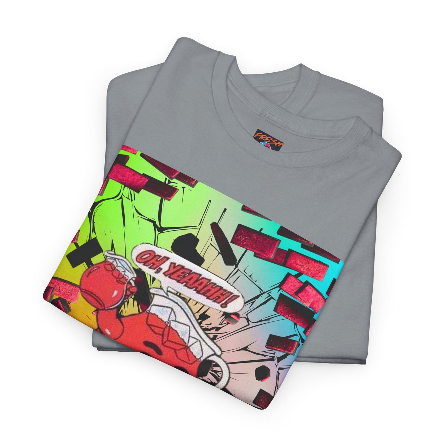 Close-up of vibrant graphics on tee