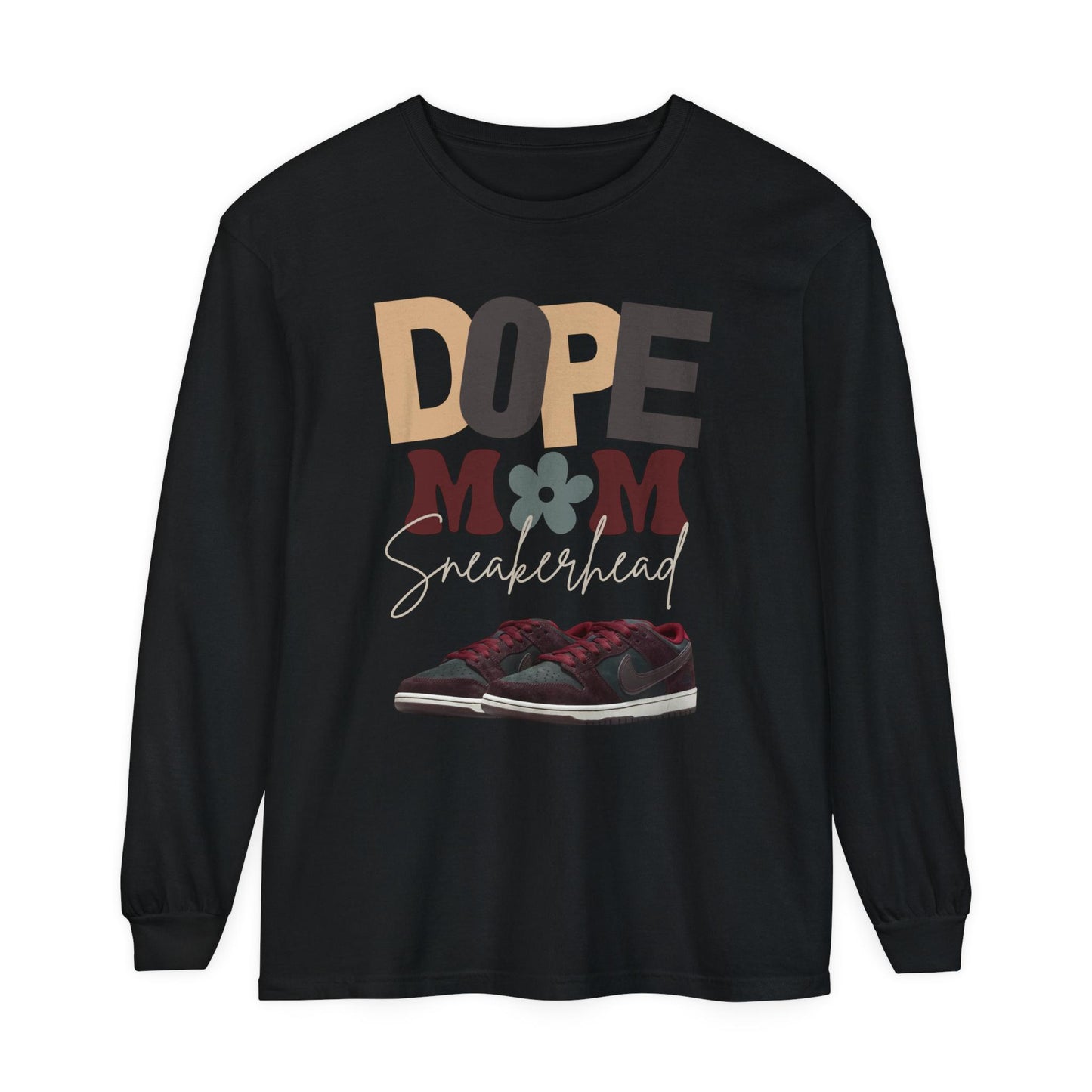 Dope Mom Sneakerhead Long Sleeve Tee, Burgundy Green Retro Typography Shirt, Streetwear Mom Tshirt, Nike Dunk SB, Gift for Sneaker Loving