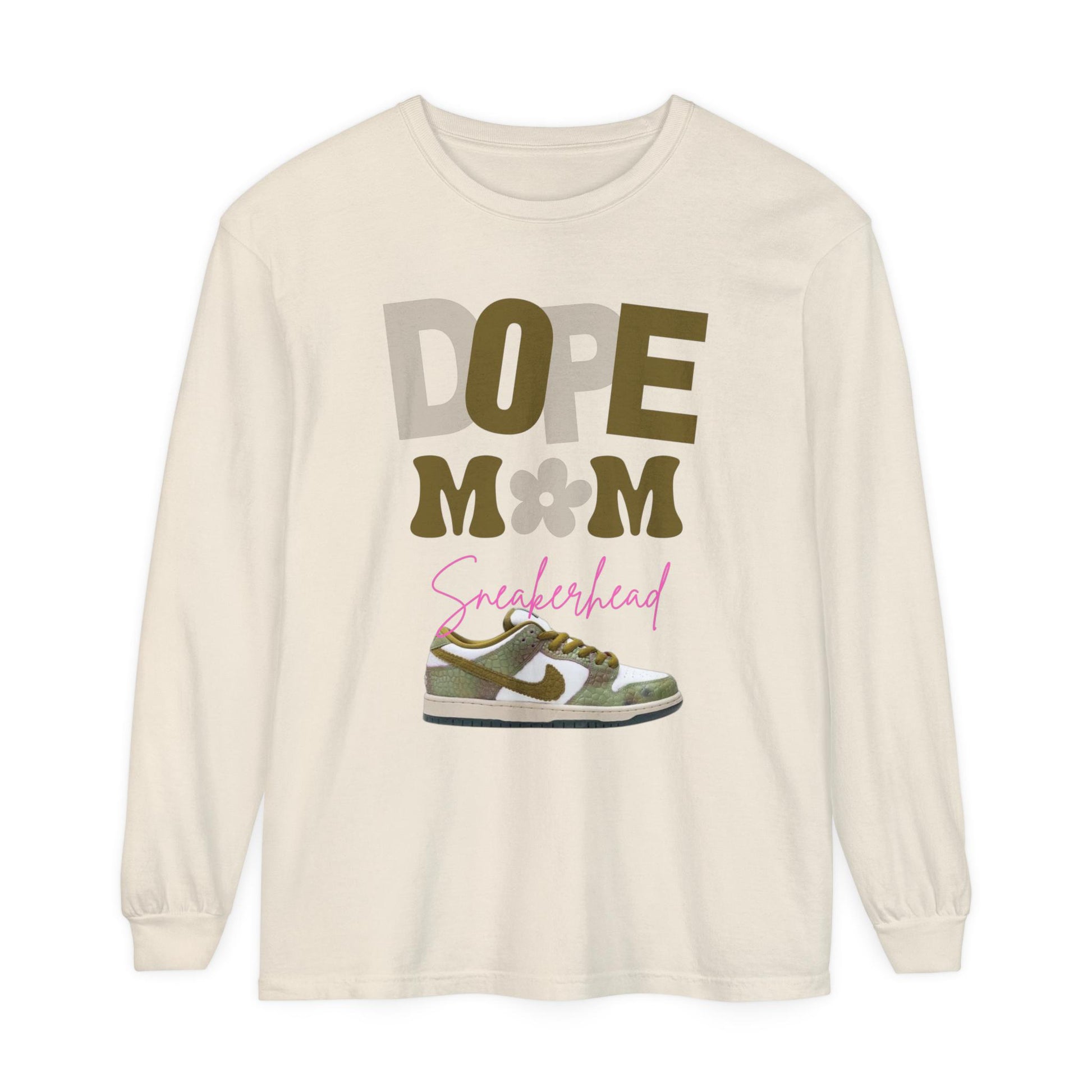 Dope Mom Sneakerhead Long-Sleeve Tee - Unisex Garment-dyed Long Sleeve T-Shirt for Sneakerhead Moms, Nike SB Dunk Low Sneaker Match, Casual