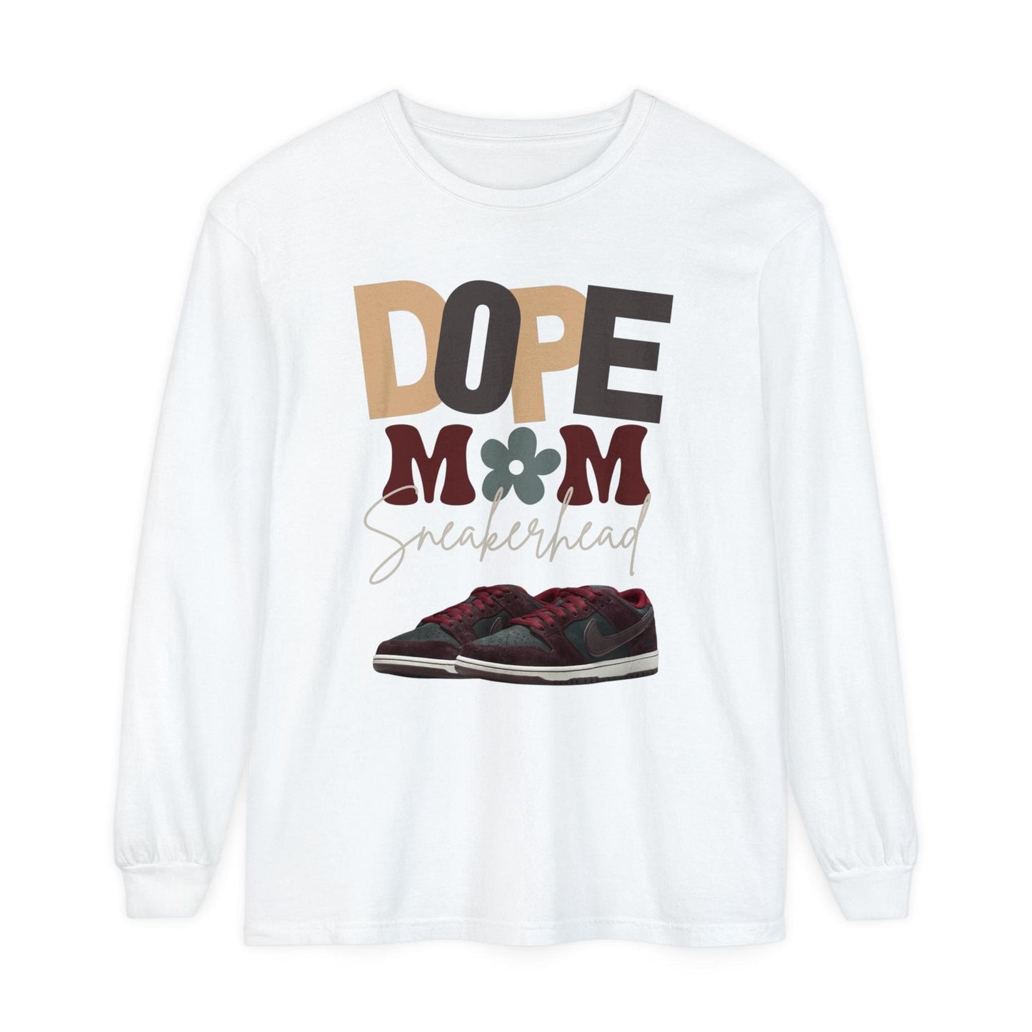 Dope Mom Sneakerhead Long Sleeve Tee, Burgundy Green Retro Typography Shirt, Streetwear Mom Tshirt, Nike Dunk SB, Gift for Sneaker Loving