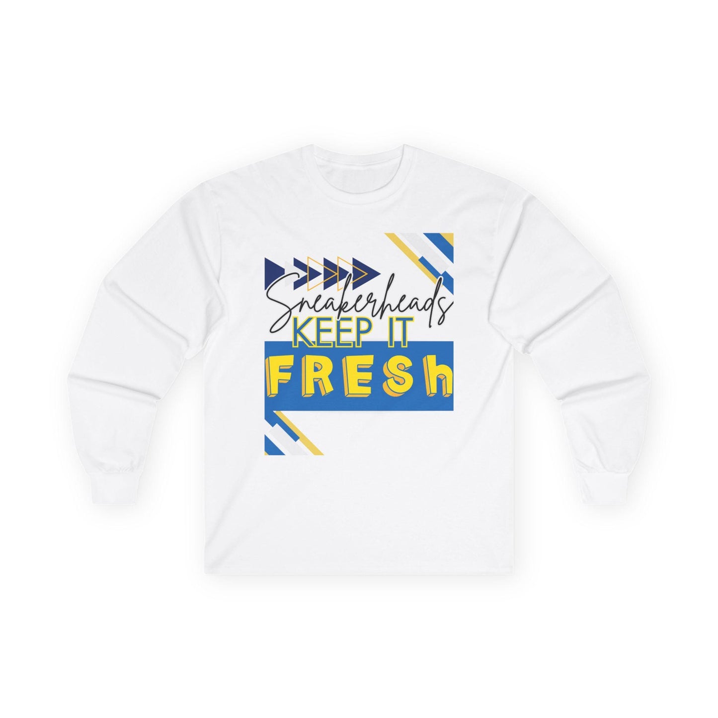 Sneakerheads Keep It Fresh Long Sleeve Tee - Travis Scott Canary Jordan 1 Low Matching Top, Streetwear Style, Bold Blue Yellow White Design,