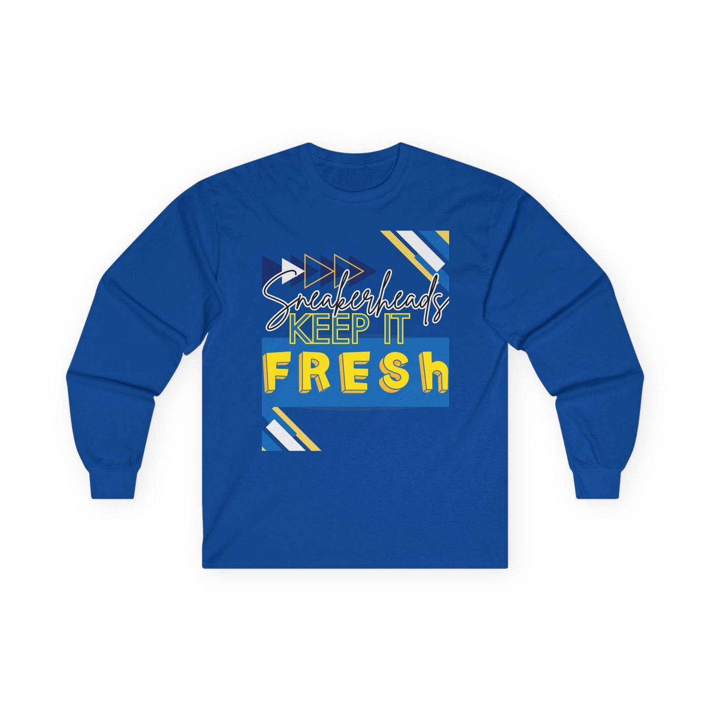 Sneakerheads Keep It Fresh Long Sleeve Tee - Travis Scott Canary Jordan 1 Low Matching Top, Streetwear Style, Bold Blue Yellow White Design,